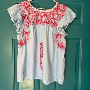 J. Marie Embroidered Blouse - Light Blue and Red size M